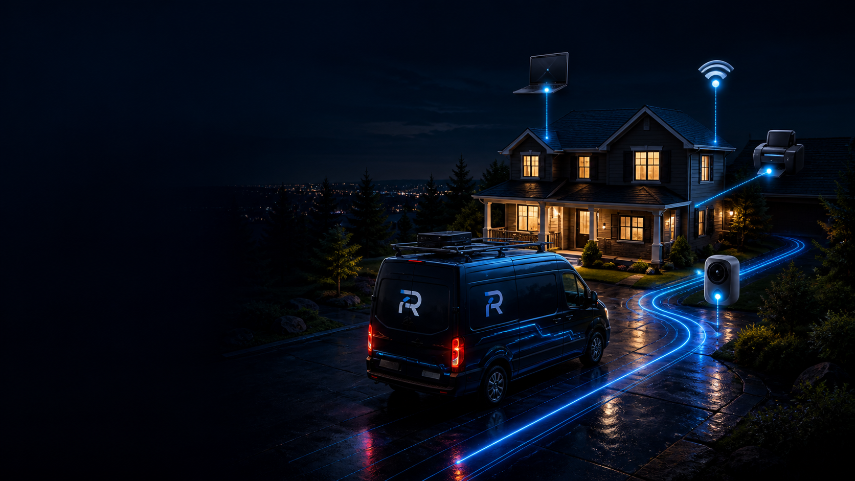 Peace Region IT mobile service van arriving at a home at night